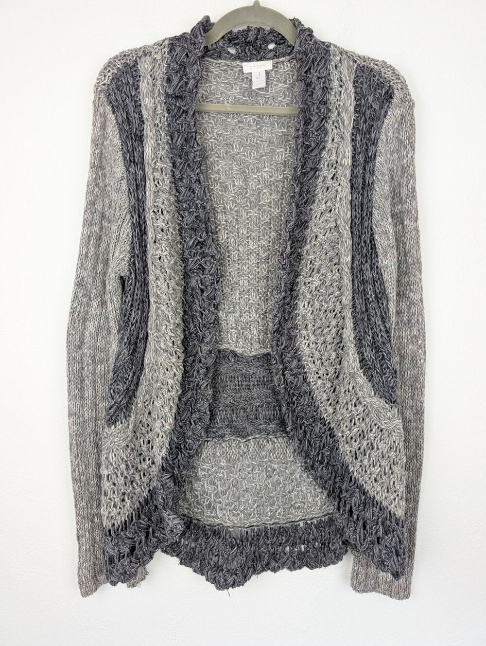 Chicos Cardigan Sweater Open Front Curved Hem Chunky Knit Boho Gray Size XL